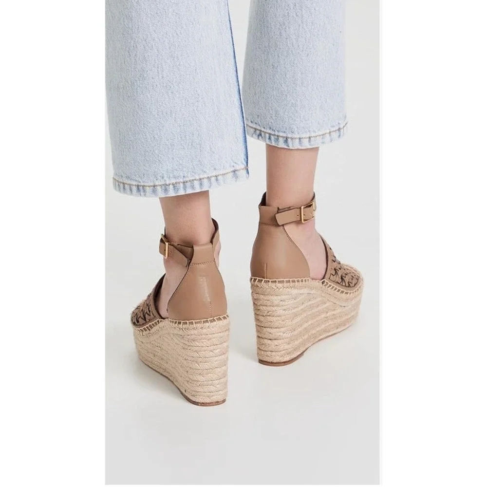 Tory Burch Basketweave‎ Espadrille Wedge Platform Sandal Sz-8 Almond Flour $348